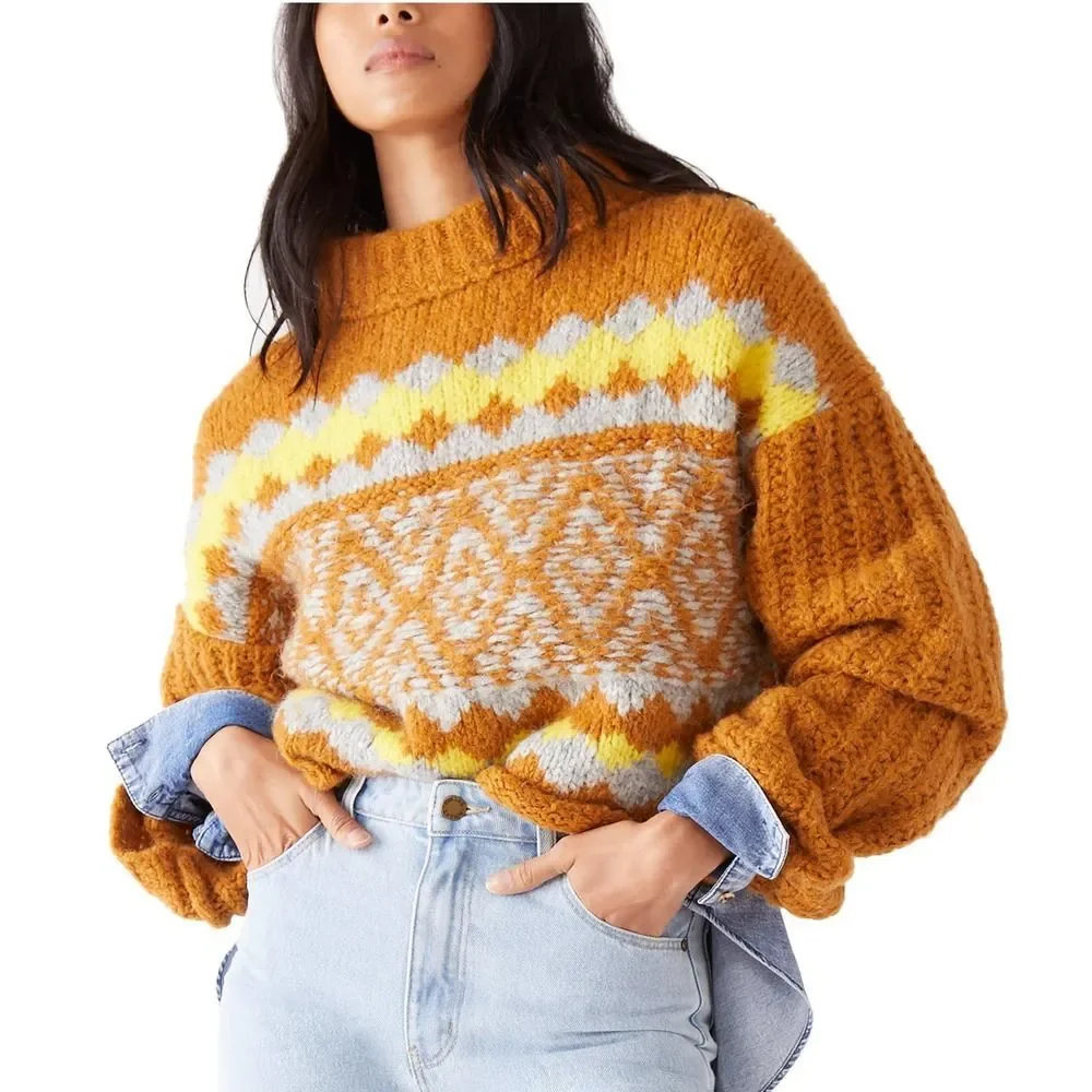 Free People Mustard Wool Mock Neck Cropped Sweater - Picture 1 of 4